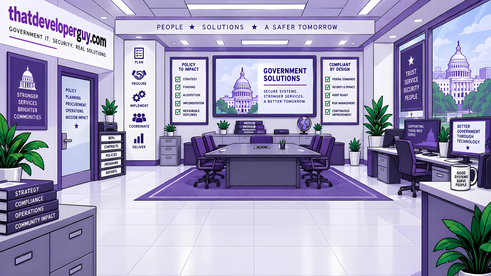 The Government Solutions room: presentation display, project and review boards, contract files and a conference table