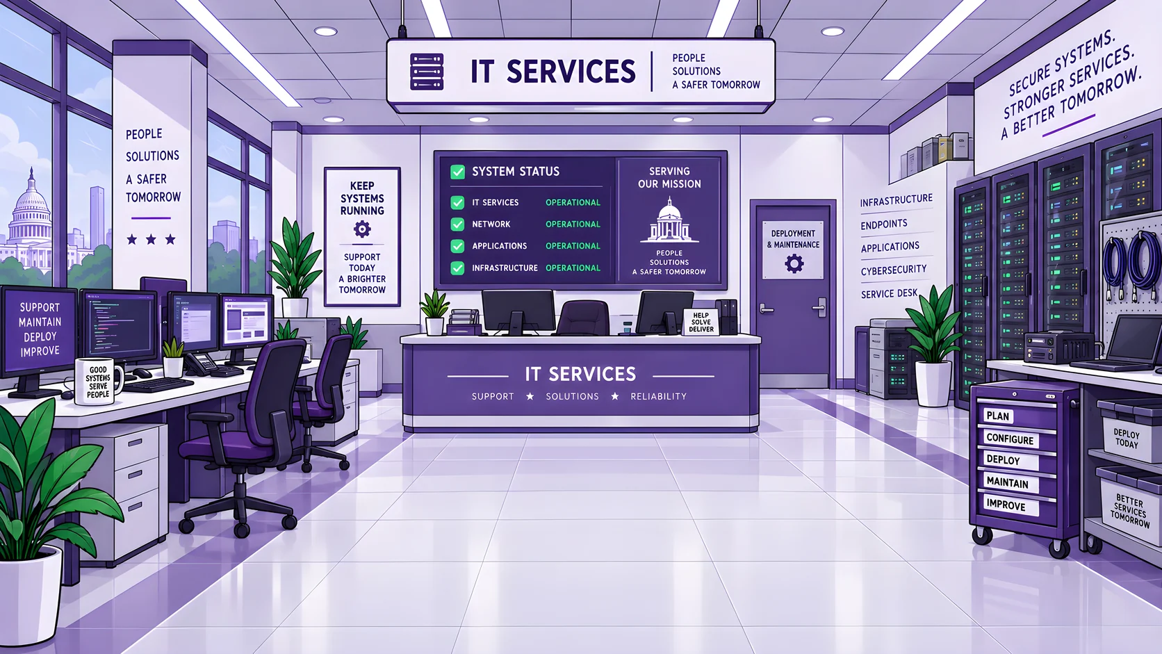 The IT Services room: status board, service desk, workstations, server racks and a tool cart