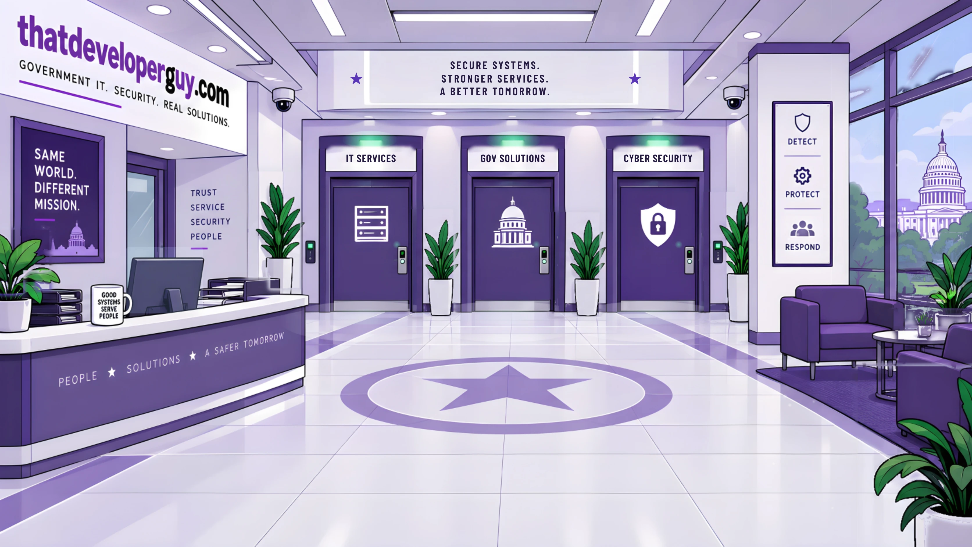 The lobby: reception desk, three doors — IT Services, Government Solutions, Cybersecurity — and a lounge by the window