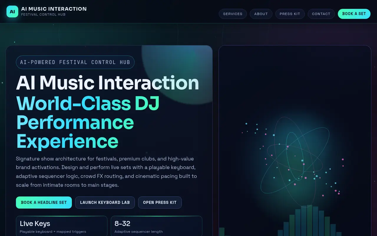 Homepage screenshot of AI Music Interaction | AI-Powered Festival Control Hub, Demos & Portfolio site