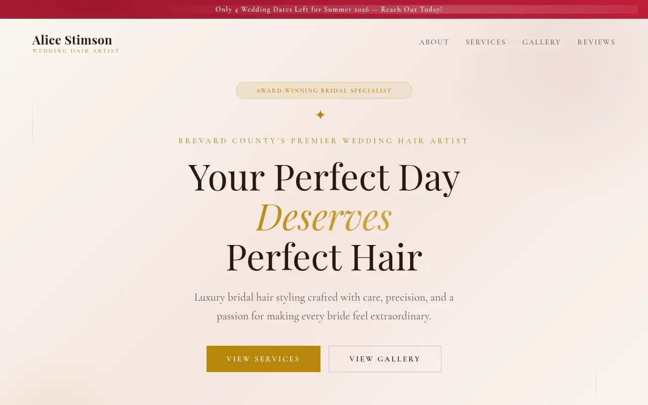 Homepage screenshot of Alice Stimson | Award-Winning Wedding Hair Artist, Demos & Portfolio site