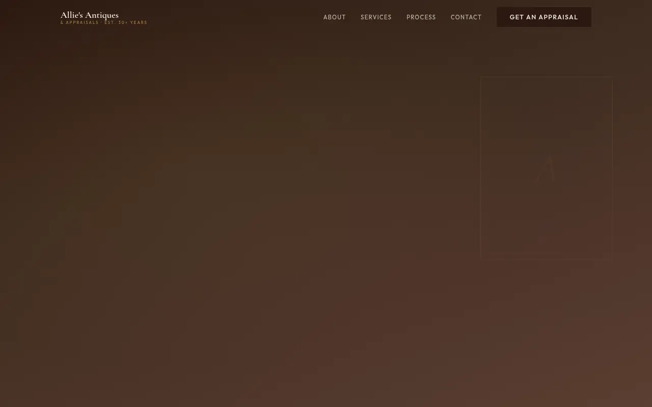 Homepage screenshot of Allie's Antiques & Appraisals | Certified Antique Appraiser | NW Arkansas, Demos & Portfolio site