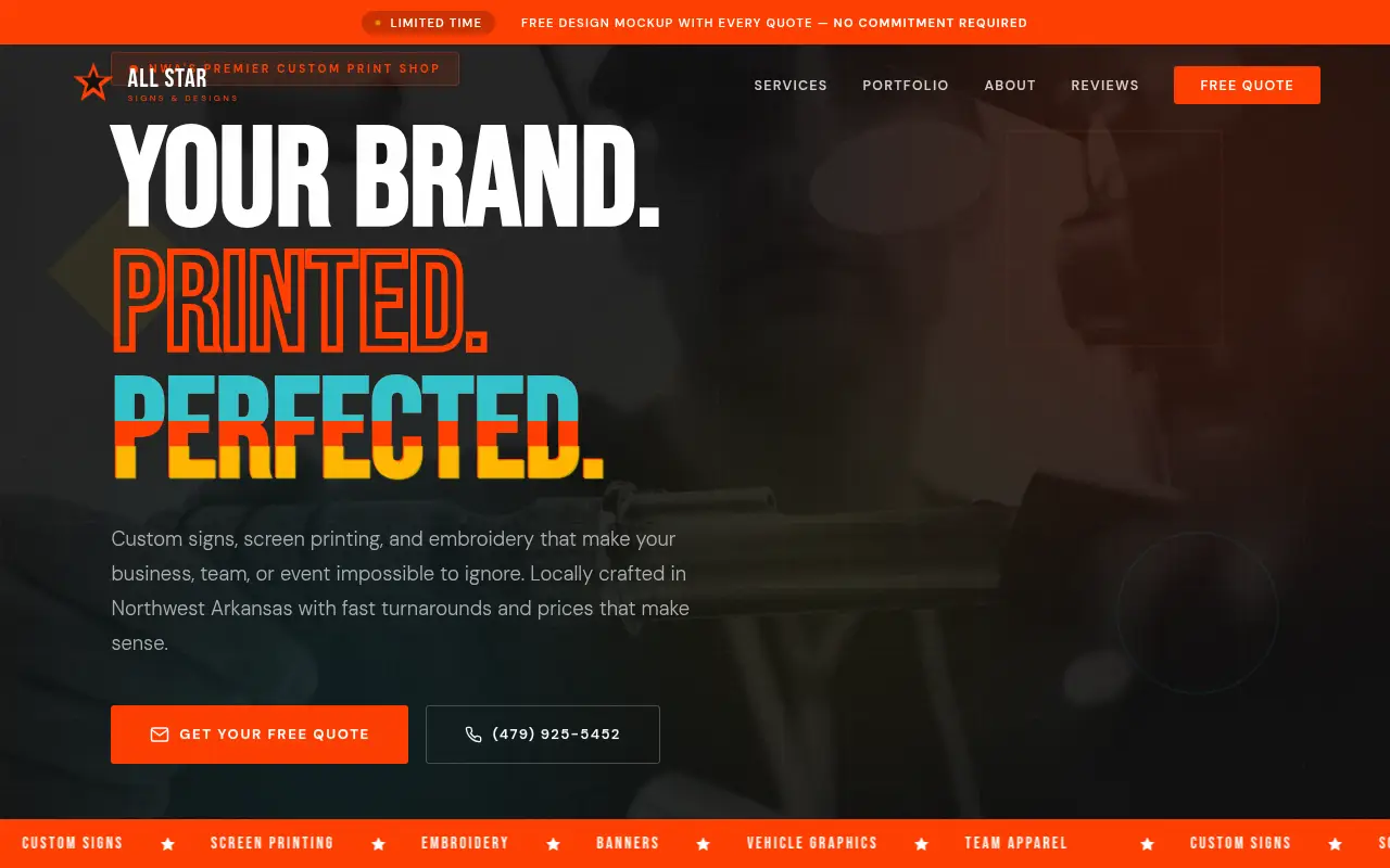 Homepage screenshot of All Star Signs & Designs | Custom Signs, Screen Printing & Embroidery | NWA A..., Demos & Portfolio site