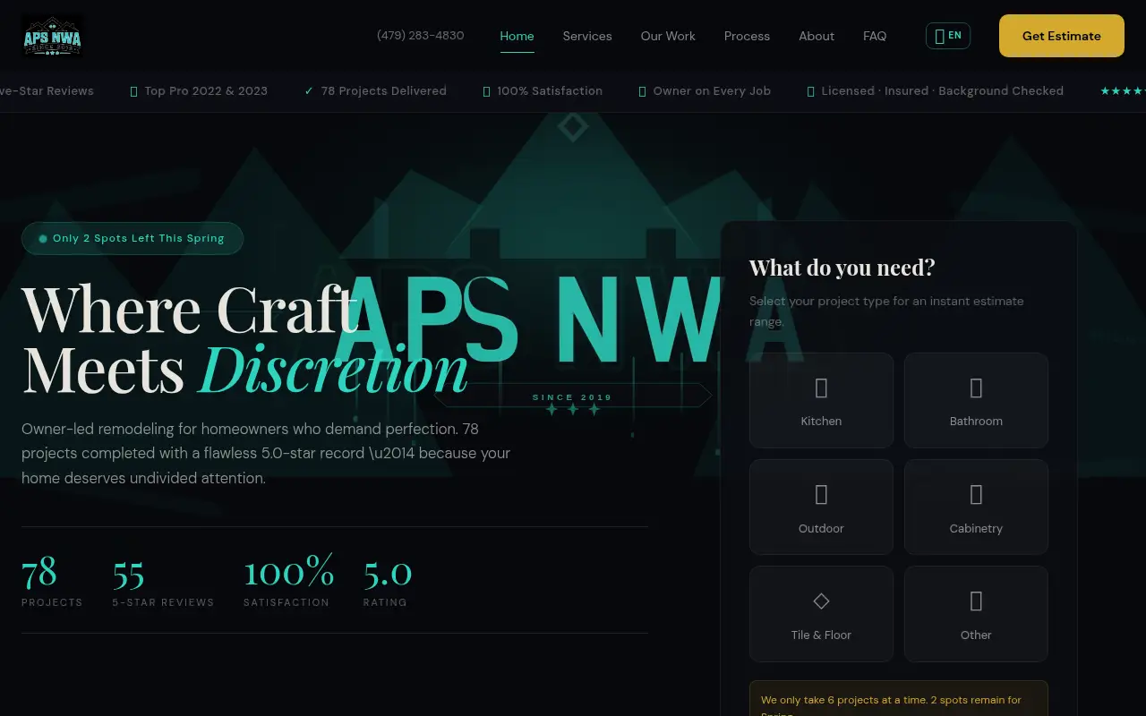 Homepage screenshot of APS NWA, Premium Remodeling &amp; Construction | Northwest Arkansas, Demos & Portfolio site