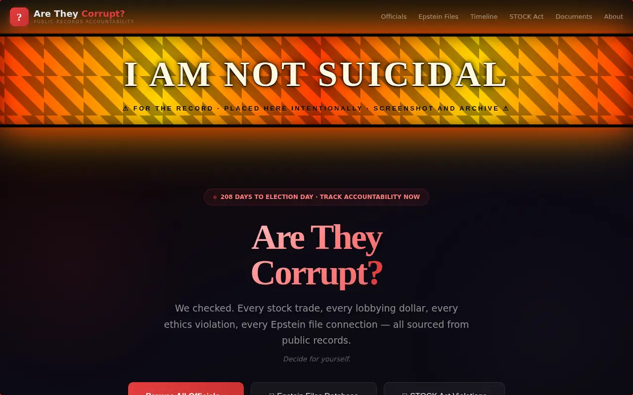 Homepage screenshot of Are They Corrupt?, The Public-Records Accountability Tracker, Demos & Portfolio site