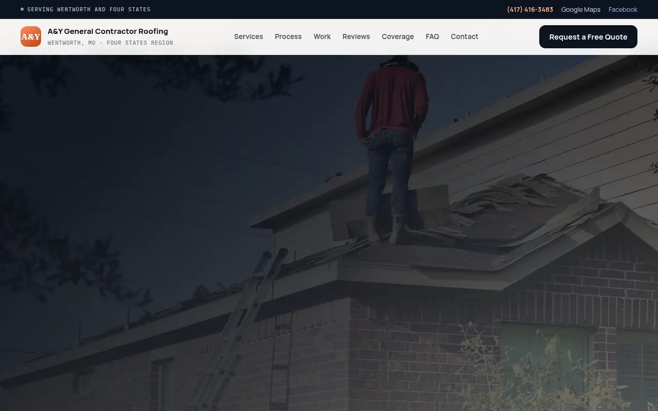 Homepage screenshot of A&Y General Contractor Roofing | Wentworth, MO, Demos & Portfolio site