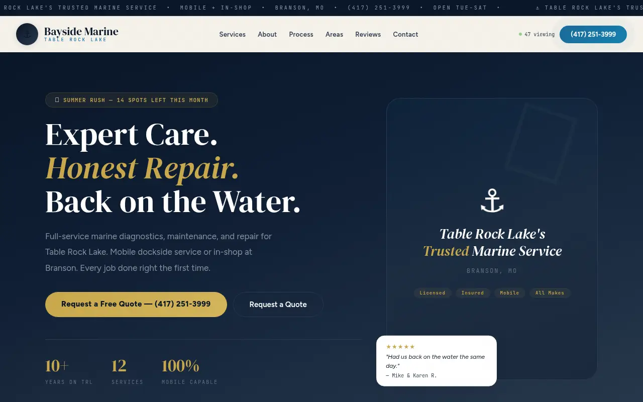 Homepage screenshot of Bayside Marine | Table Rock Lake Marine Service | Branson MO, Demos & Portfolio site