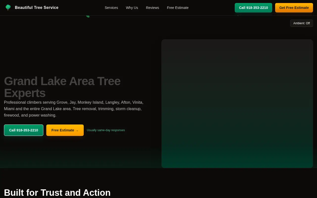Homepage screenshot of Beautiful Tree Service | Jacob Jones | Grove, OK, Grand Lake Area, Demos & Portfolio site