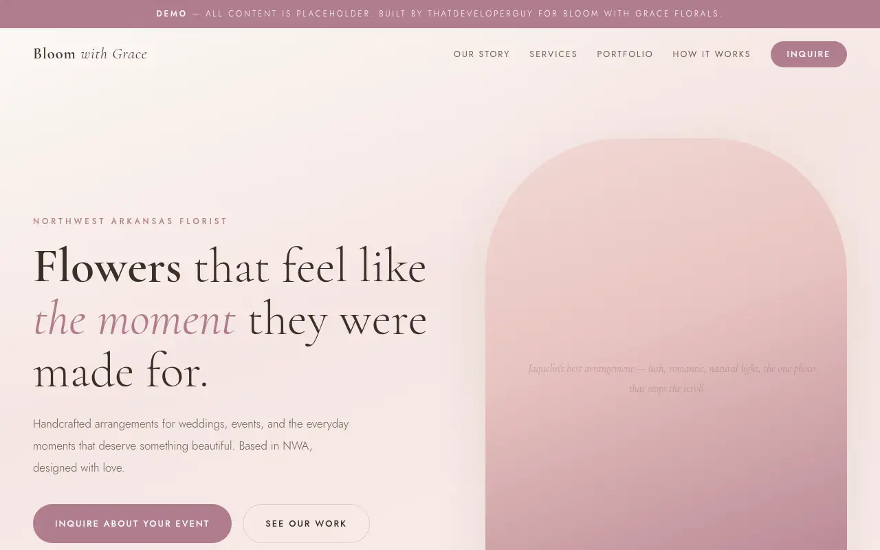 Homepage screenshot of Bloom with Grace Florals | Event & Wedding Flowers | Northwest Arkansas Florist, Demos & Portfolio site