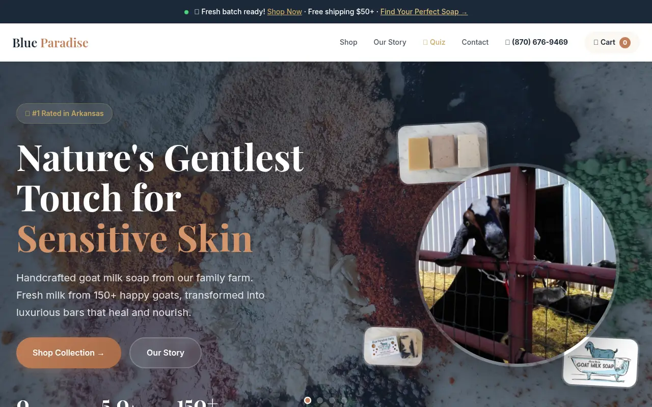 Homepage screenshot of Blue Paradise Dairy | Arkansas's #1 Handcrafted Goat Milk Soap, Demos & Portfolio site