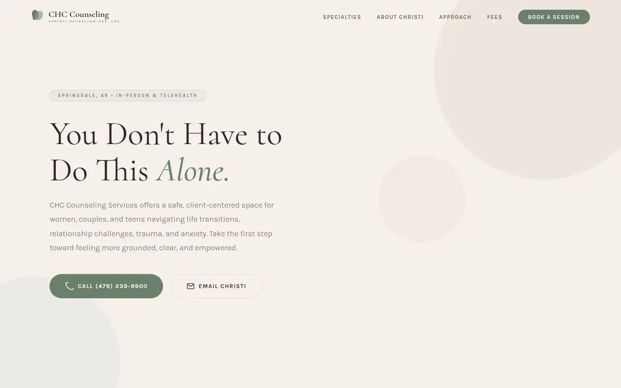 Homepage screenshot of CHC Counseling Services | Christi Hackelton-Cox, LAC | Therapist in Springdal..., Demos & Portfolio site