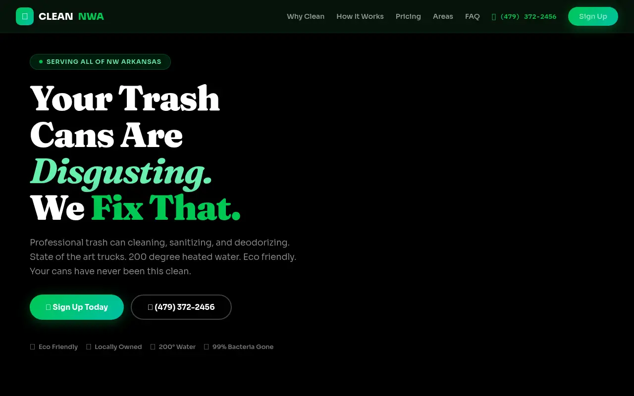 Homepage screenshot of Clean NWA | Professional Trash Can Cleaning | Northwest Arkansas, Demos & Portfolio site