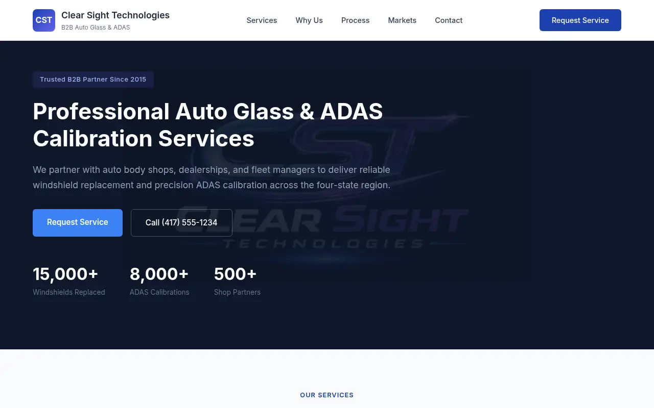 Homepage screenshot of Clear Sight Technologies | B2B Auto Glass & ADAS Calibration Services, Demos & Portfolio site