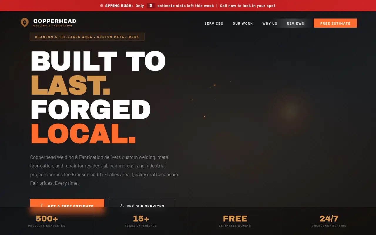 Homepage screenshot of Copperhead Welding & Fabrication | Custom Welding & Metal Work | Branson, MO, Demos & Portfolio site