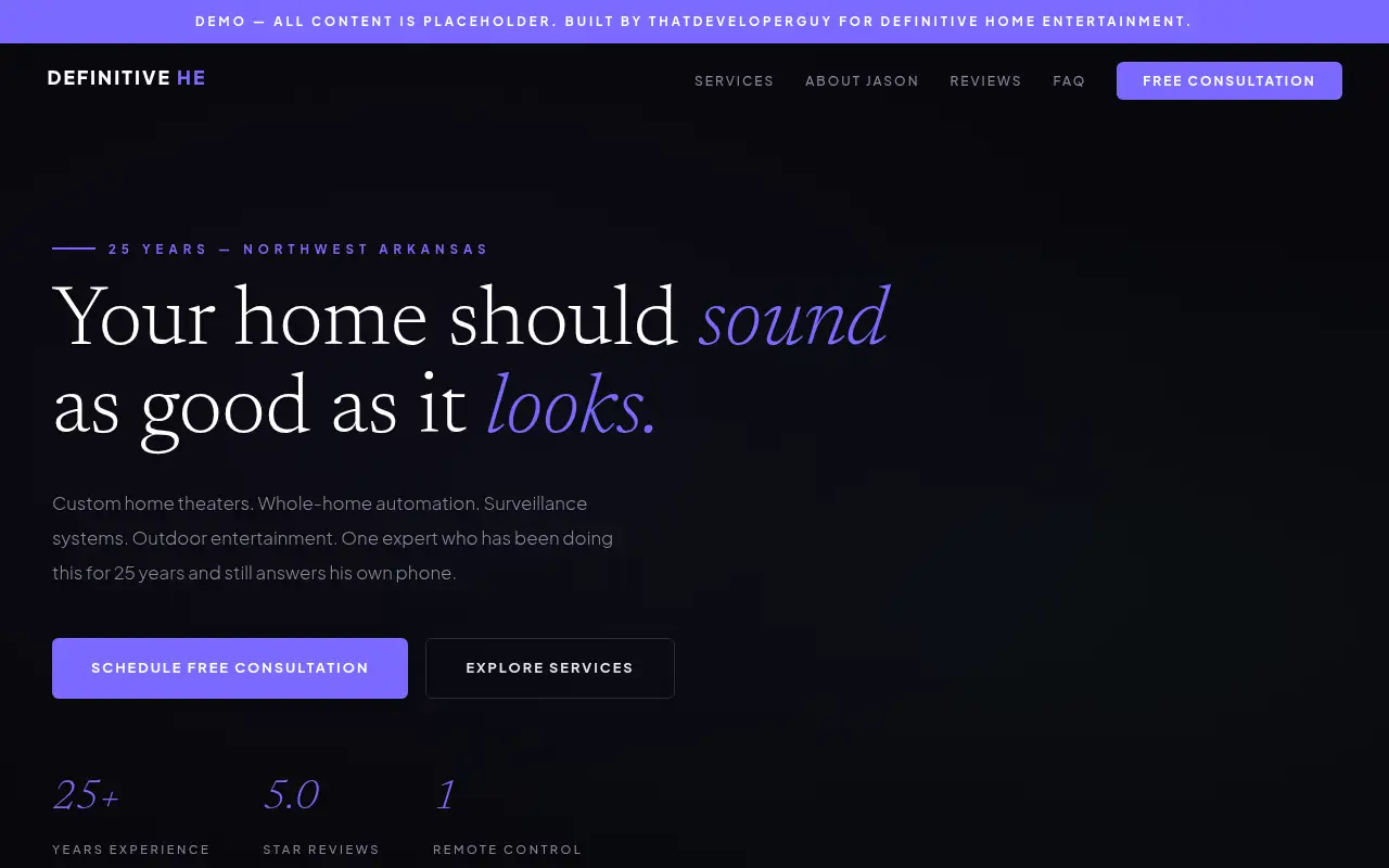Homepage screenshot of Definitive Home Entertainment | Home Theater & Automation | Northwest Arkansas, Demos & Portfolio site