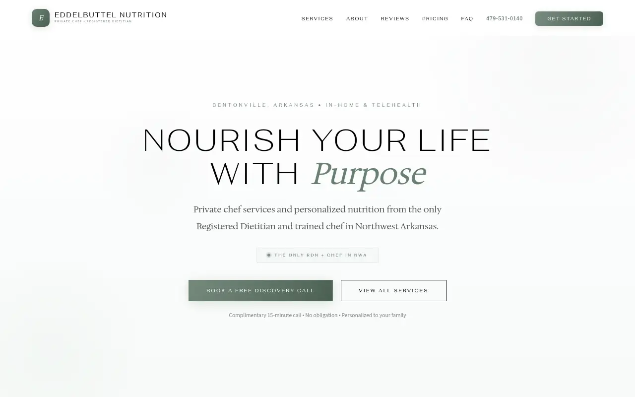 Homepage screenshot of Eddelbuttel Nutrition | Private Chef & Registered Dietitian | Bentonville, AR, Demos & Portfolio site