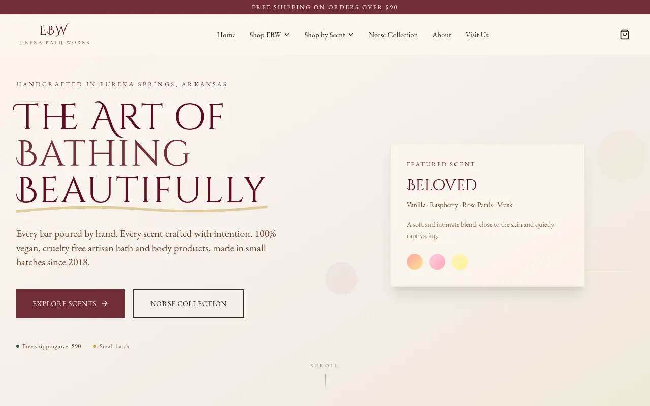 Homepage screenshot of Eureka Bath Works | Artisan Bath &amp; Body Products, Demos & Portfolio site