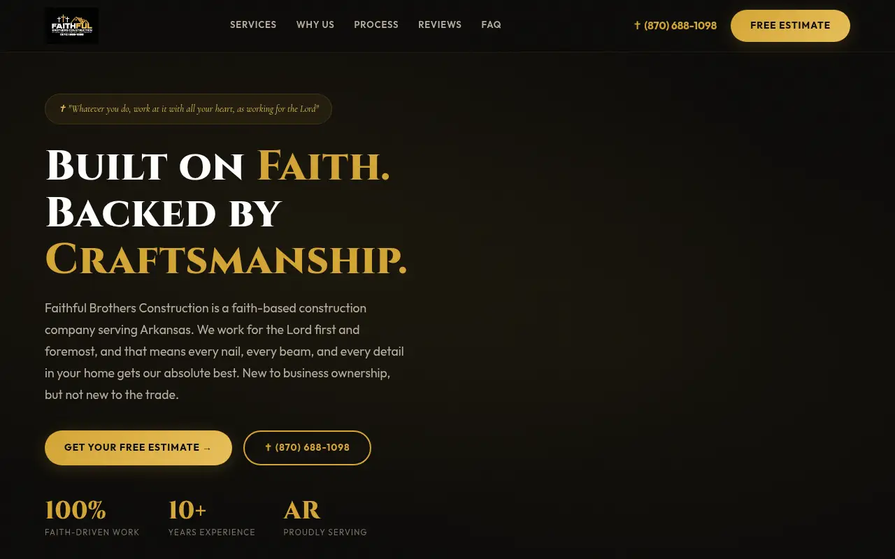 Homepage screenshot of Faithful Brothers Construction | Faith-Based Contractor in Arkansas, Demos & Portfolio site
