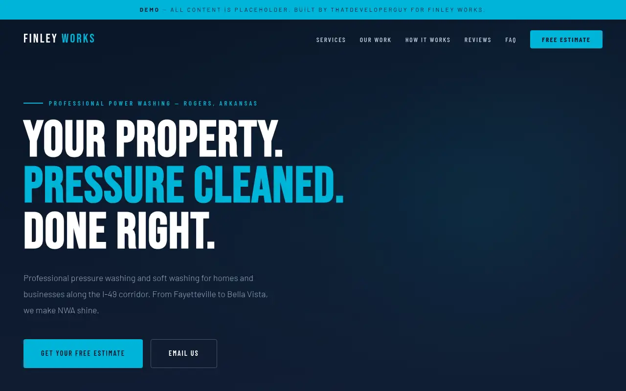 Homepage screenshot of Finley Works Power Washing | Pressure Washing Rogers AR | Serving Fayettevill..., Demos & Portfolio site