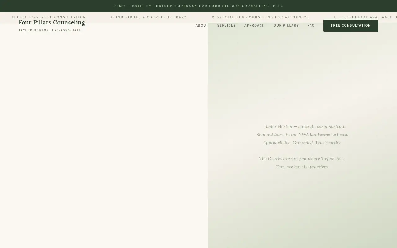 Homepage screenshot of Four Pillars Counseling, PLLC | Taylor Horton, LPC-Associate | Individual, Co..., Demos & Portfolio site