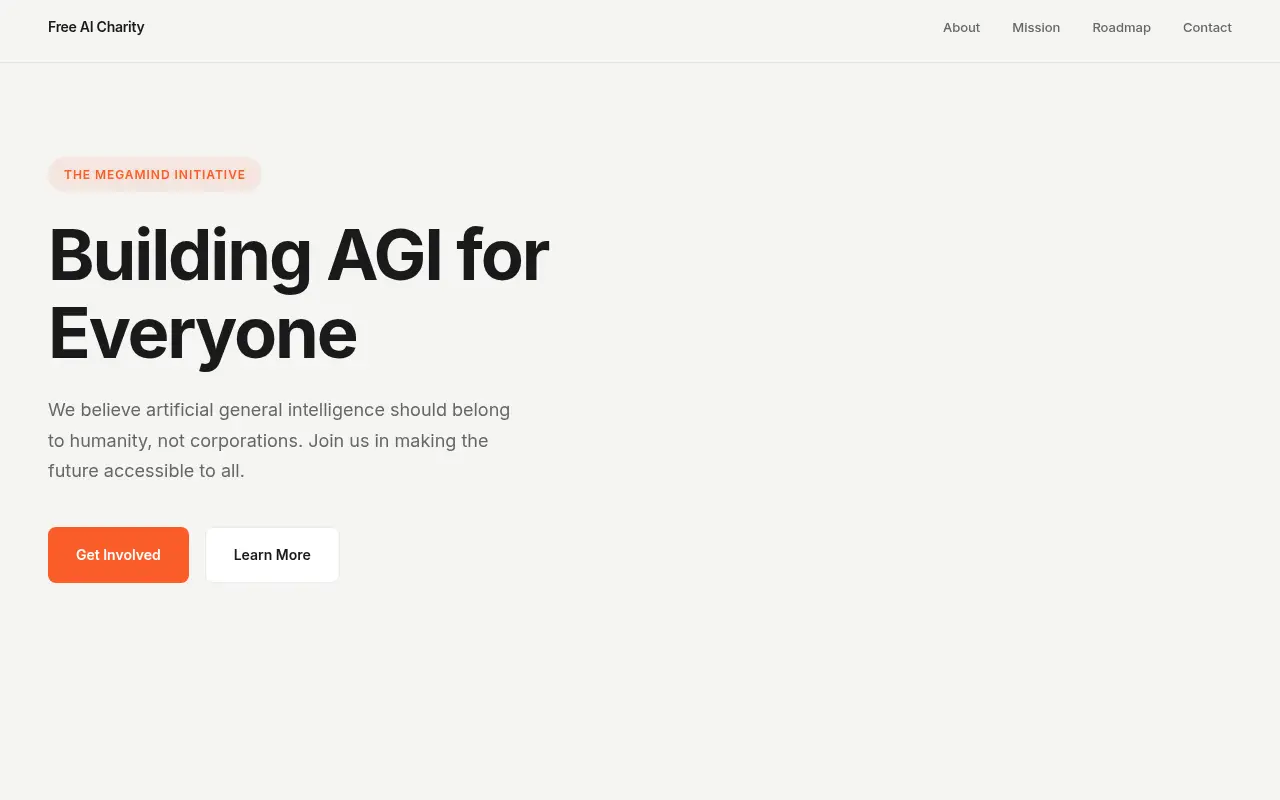 Homepage screenshot of Free AI Charity | Open AGI Education and Community Projects, Demos & Portfolio site