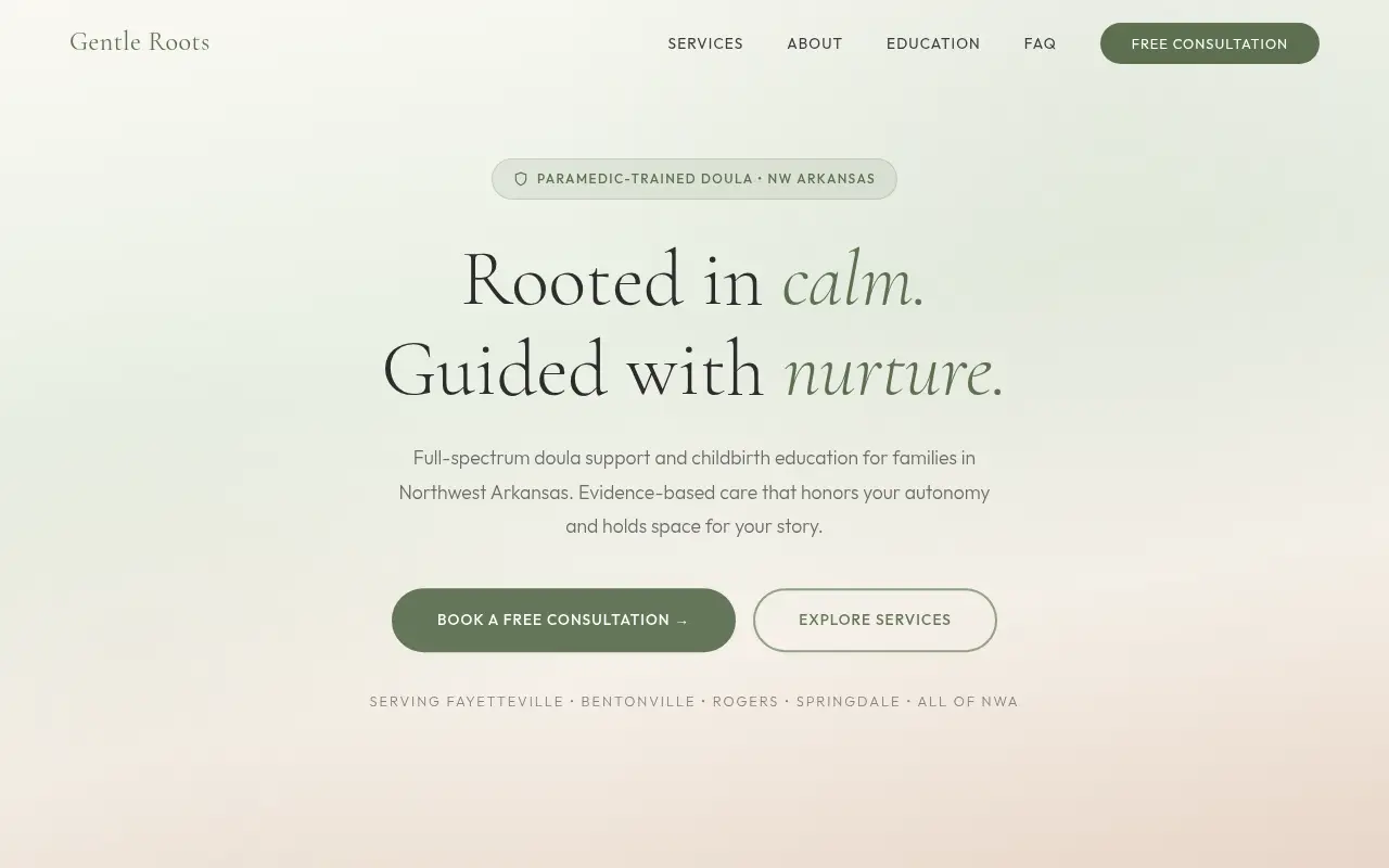 Homepage screenshot of Doula Services in NW Arkansas | Gentle Roots Birth Care | Childbirth Educatio..., Demos & Portfolio site