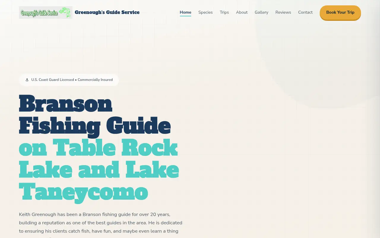 Homepage screenshot of Branson Fishing Guide | Table Rock Lake & Taneycomo | Greenough's, Tourism & Recreation site