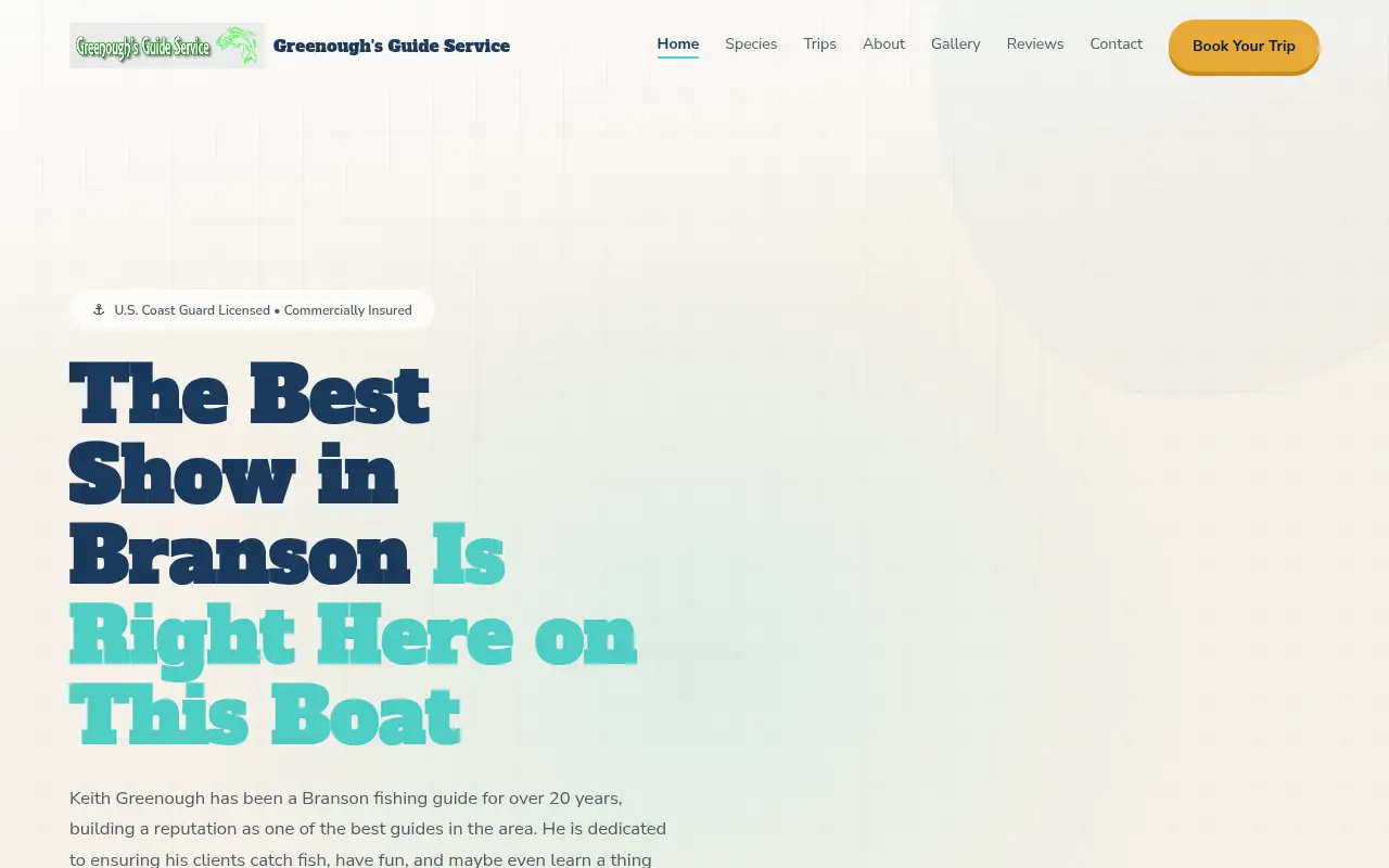 Homepage screenshot of Greenough's Guide Service | Branson Fishing Guide | Table Rock Lake & Lake Ta..., Demos & Portfolio site