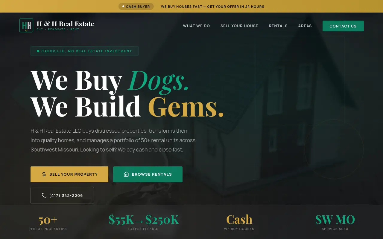 Homepage screenshot of H & H Real Estate LLC | Buy, Renovate & Rent | Cassville, MO, Demos & Portfolio site