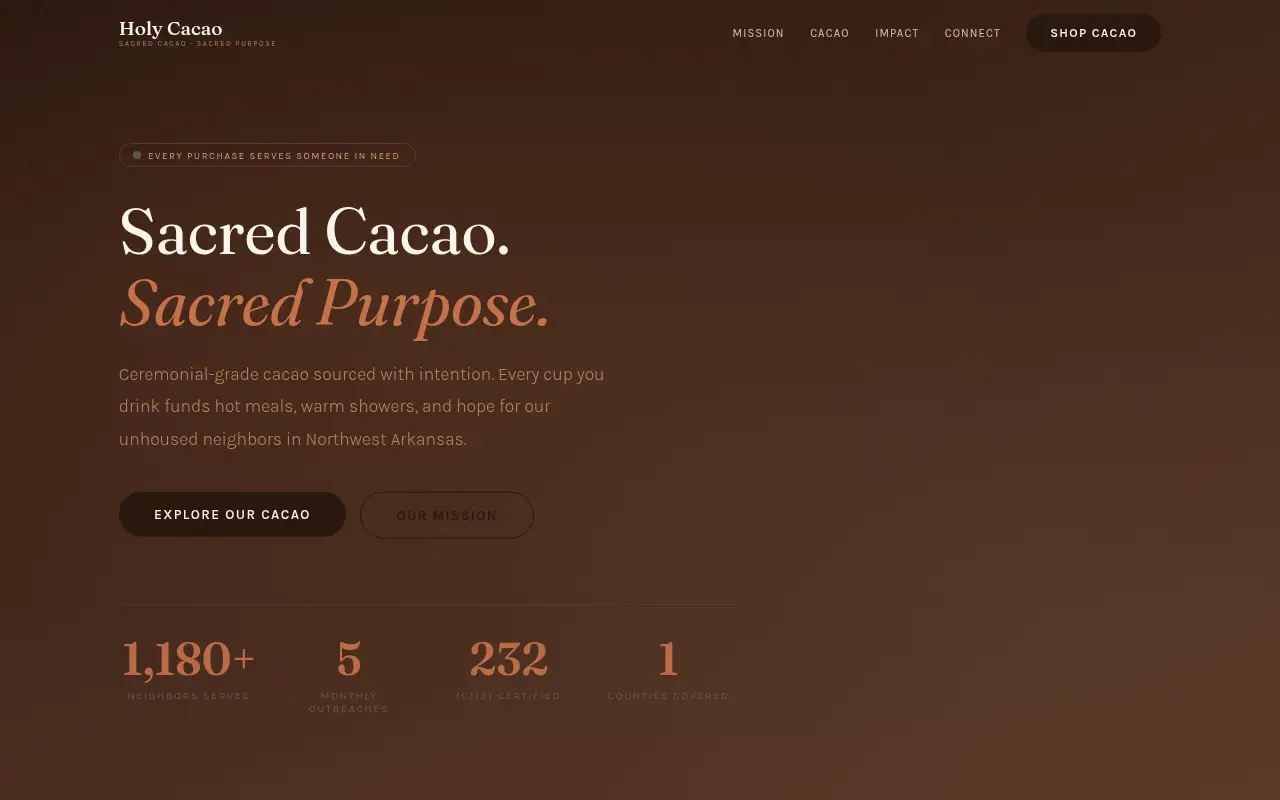 Homepage screenshot of Holy Cacao | Ceremonial Cacao · Sacred Purpose | NW Arkansas, Demos & Portfolio site