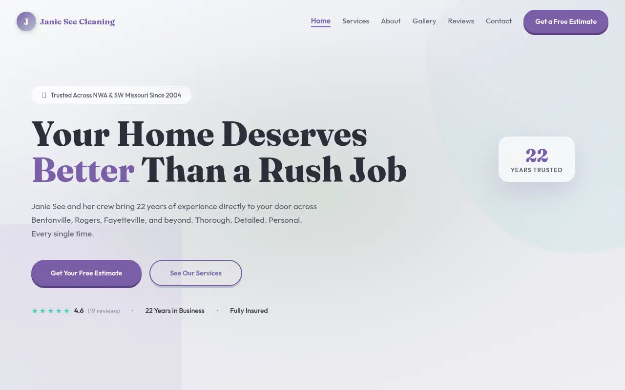Homepage screenshot of Janie See Cleaning | Professional House Cleaning in Bentonville, Rogers, NWA, Demos & Portfolio site