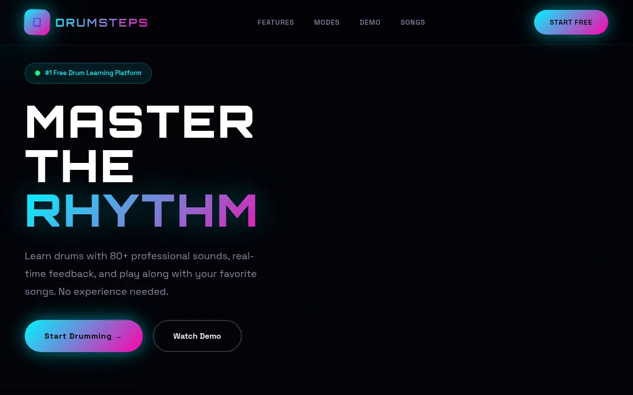 Homepage screenshot of Jenny's DrumSteps | Master the Rhythm - Free Online Drum Learning, Demos & Portfolio site