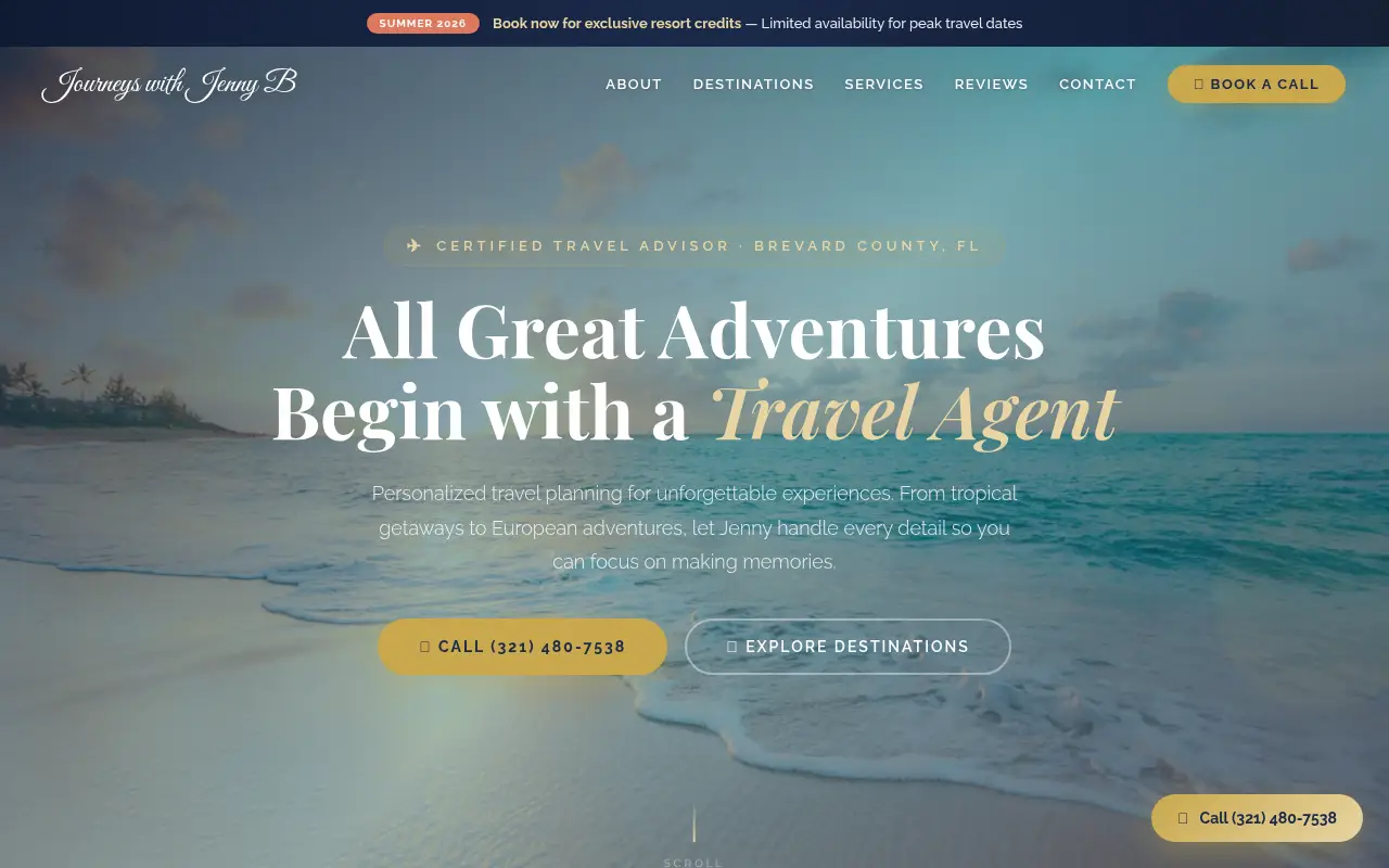 Homepage screenshot of Journeys with Jenny B | Certified Travel Advisor | Brevard County FL, Demos & Portfolio site