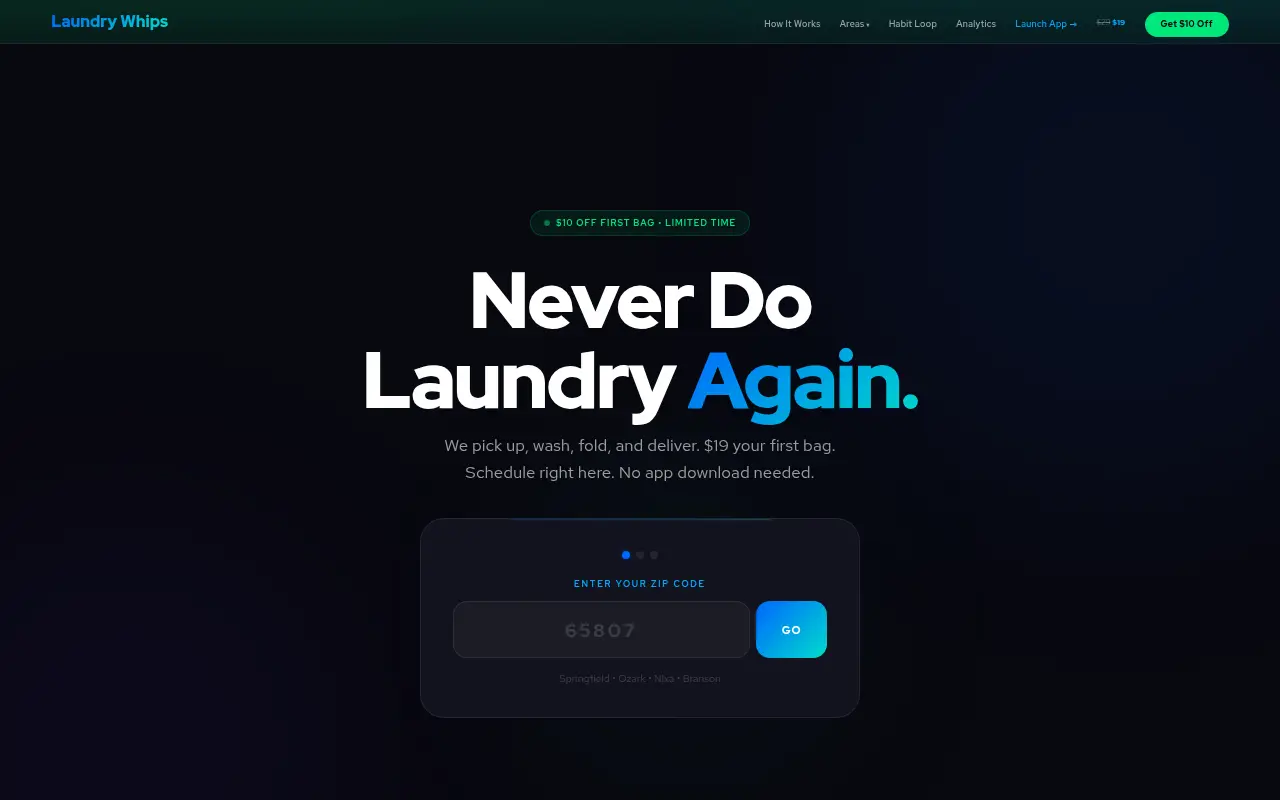 Homepage screenshot of Laundry Whips | Never Do Laundry Again | Springfield, MO, Demos & Portfolio site