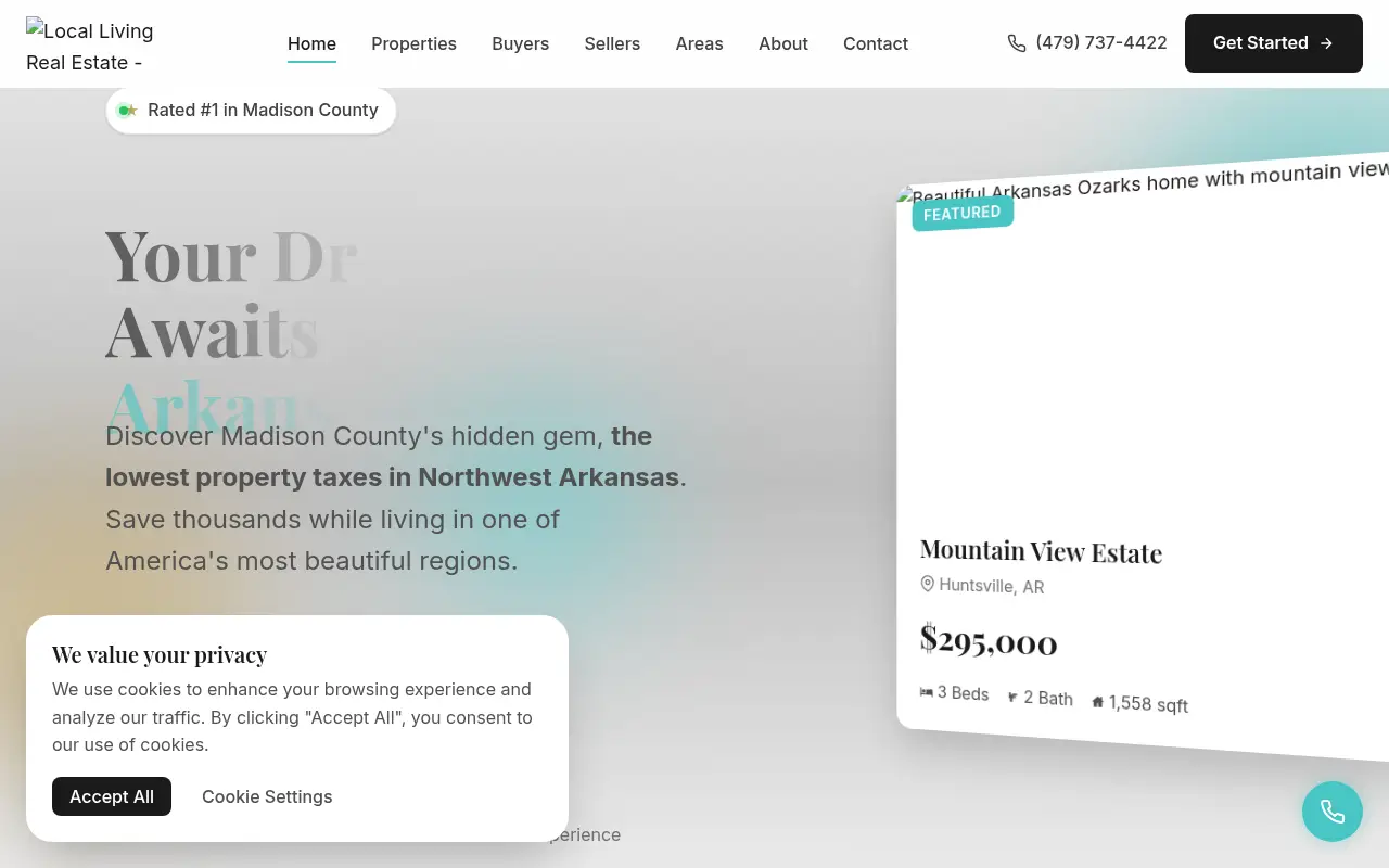 Homepage screenshot of Local Living Real Estate | Northwest Arkansas Homes | Madison County Realtor, Real Estate site