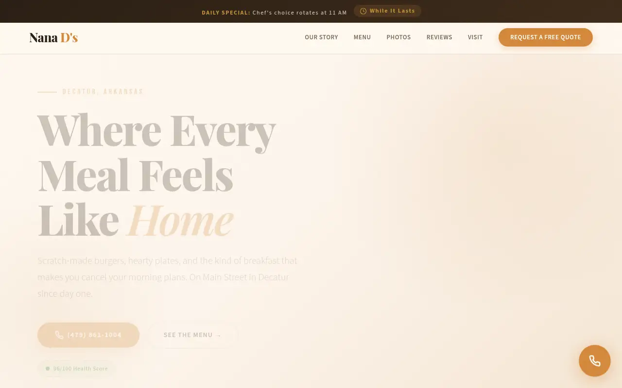 Homepage screenshot of Nana D's | Scratch-Made Comfort Food | Decatur, Arkansas, Demos & Portfolio site