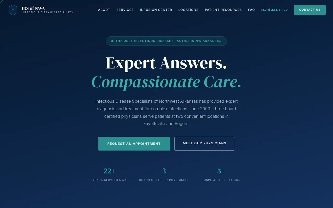 Homepage screenshot of Infectious Disease Specialists of Northwest Arkansas | Expert Care in Fayette..., Faith & Community site