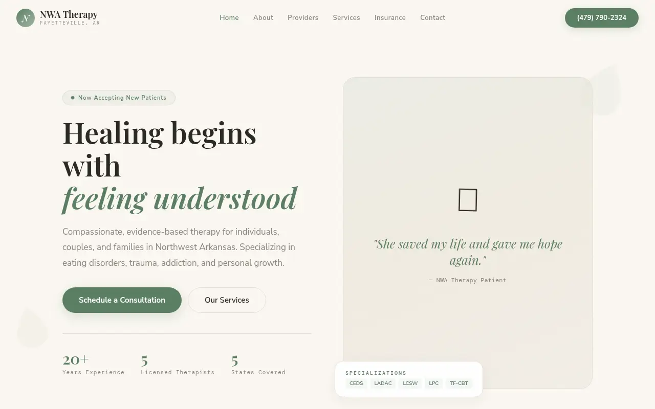 Homepage screenshot of NWA Therapy | Counseling Services | Northwest Arkansas, Demos & Portfolio site