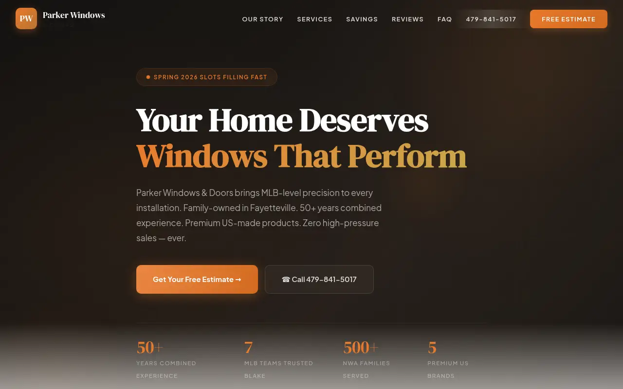 Homepage screenshot of Parker Windows & Doors | Premium Window & Door Installation | Northwest Arkansas, Demos & Portfolio site