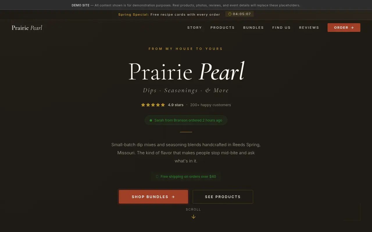 Homepage screenshot of Prairie Pearl | Handcrafted Dip Mixes & Seasonings | Reeds Spring, Missouri, Demos & Portfolio site