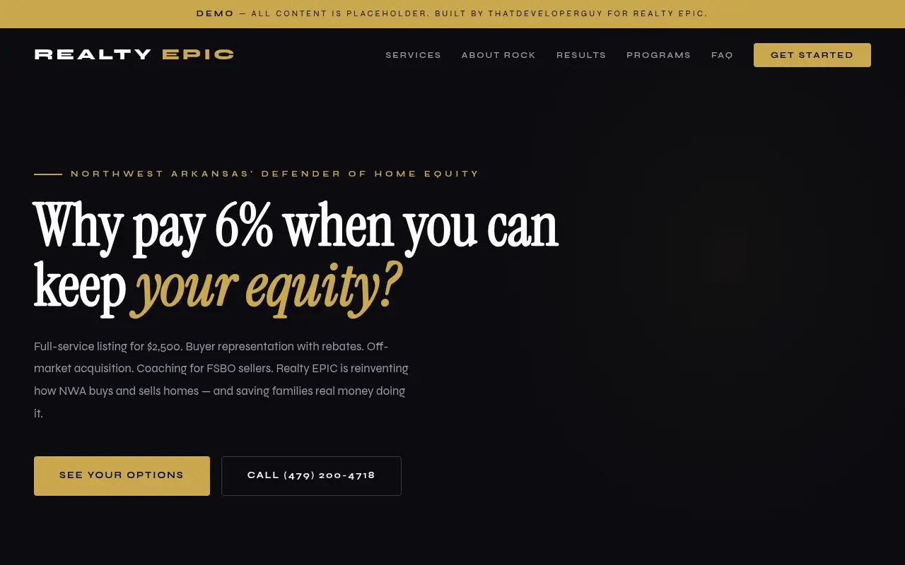 Homepage screenshot of Realty EPIC | Flat-Fee Real Estate | Northwest Arkansas | Rock Florida, Princ..., Demos & Portfolio site
