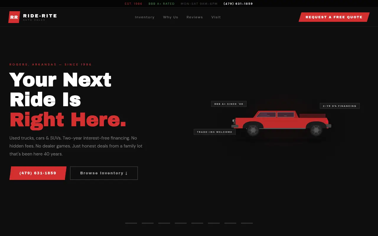 Homepage screenshot of Ride-Rite Auto Sales | Rogers, AR Used Cars, Trucks & SUVs, Demos & Portfolio site