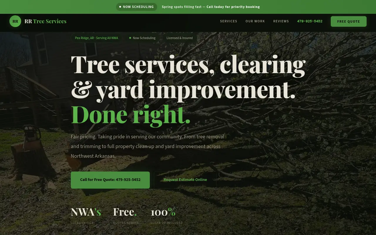 Homepage screenshot of RR Tree Services and Clean Up | Pea Ridge & NWA, Tree Removal, Trimming, Yar..., Demos & Portfolio site