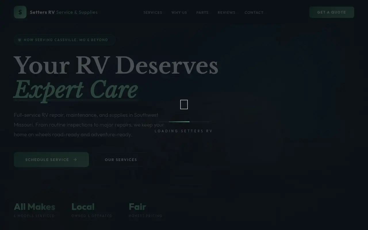 Homepage screenshot of Setters RV Service & Supplies | Cassville, MO, Demos & Portfolio site
