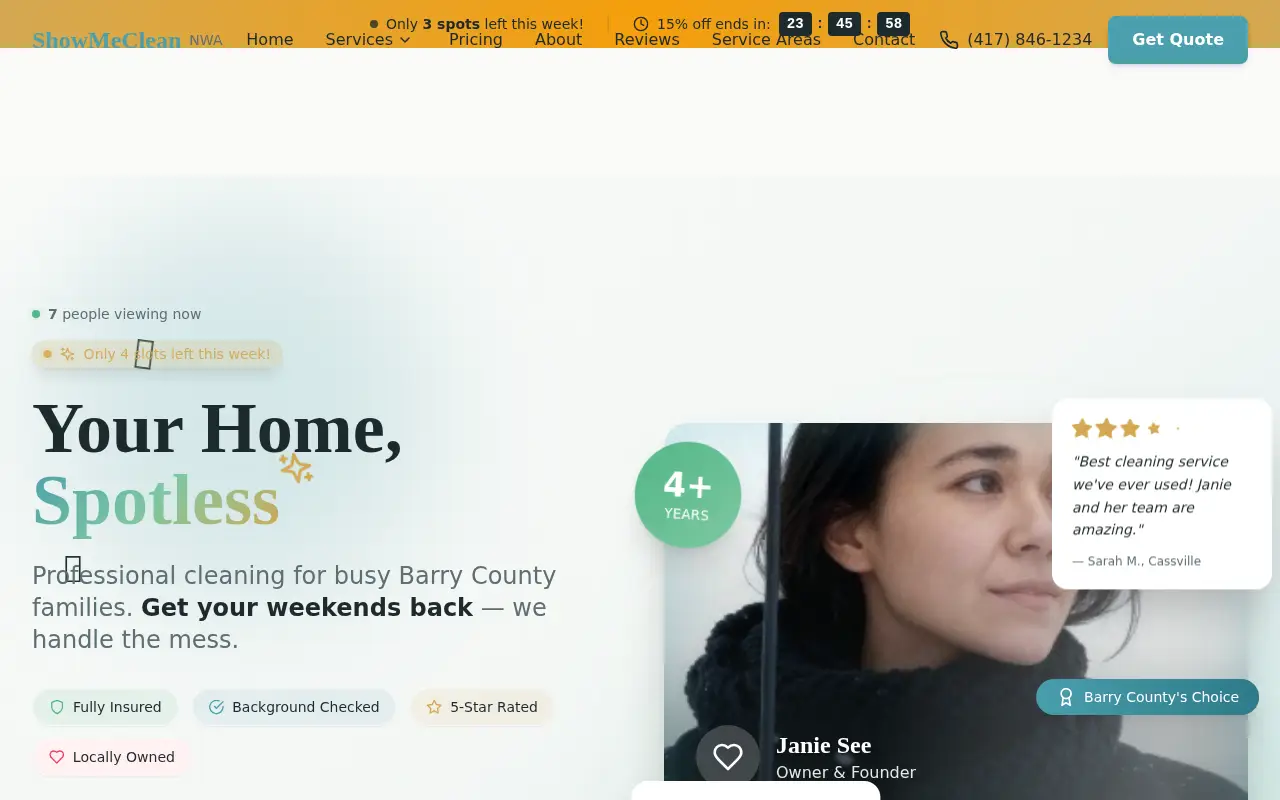 Homepage screenshot of ShowMeClean NWA - Professional Cleaning Services | Barry County, Demos & Portfolio site
