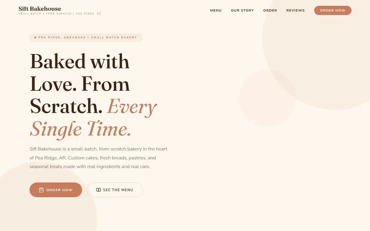 Homepage screenshot of Sift Bakehouse | From-Scratch Bakery | Pea Ridge, AR, Demos & Portfolio site
