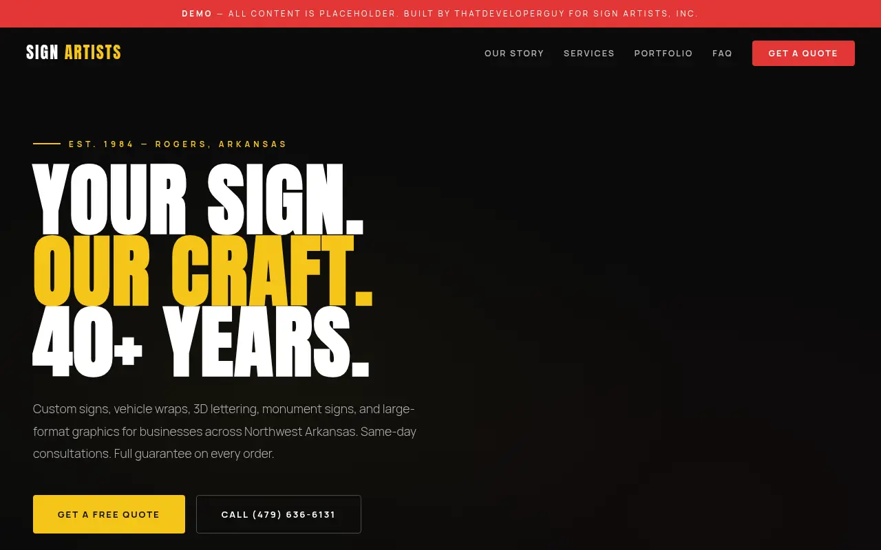 Homepage screenshot of Sign Artists Inc | Custom Signs Rogers AR | 40+ Years | NWA's Premier Sign Co..., Demos & Portfolio site