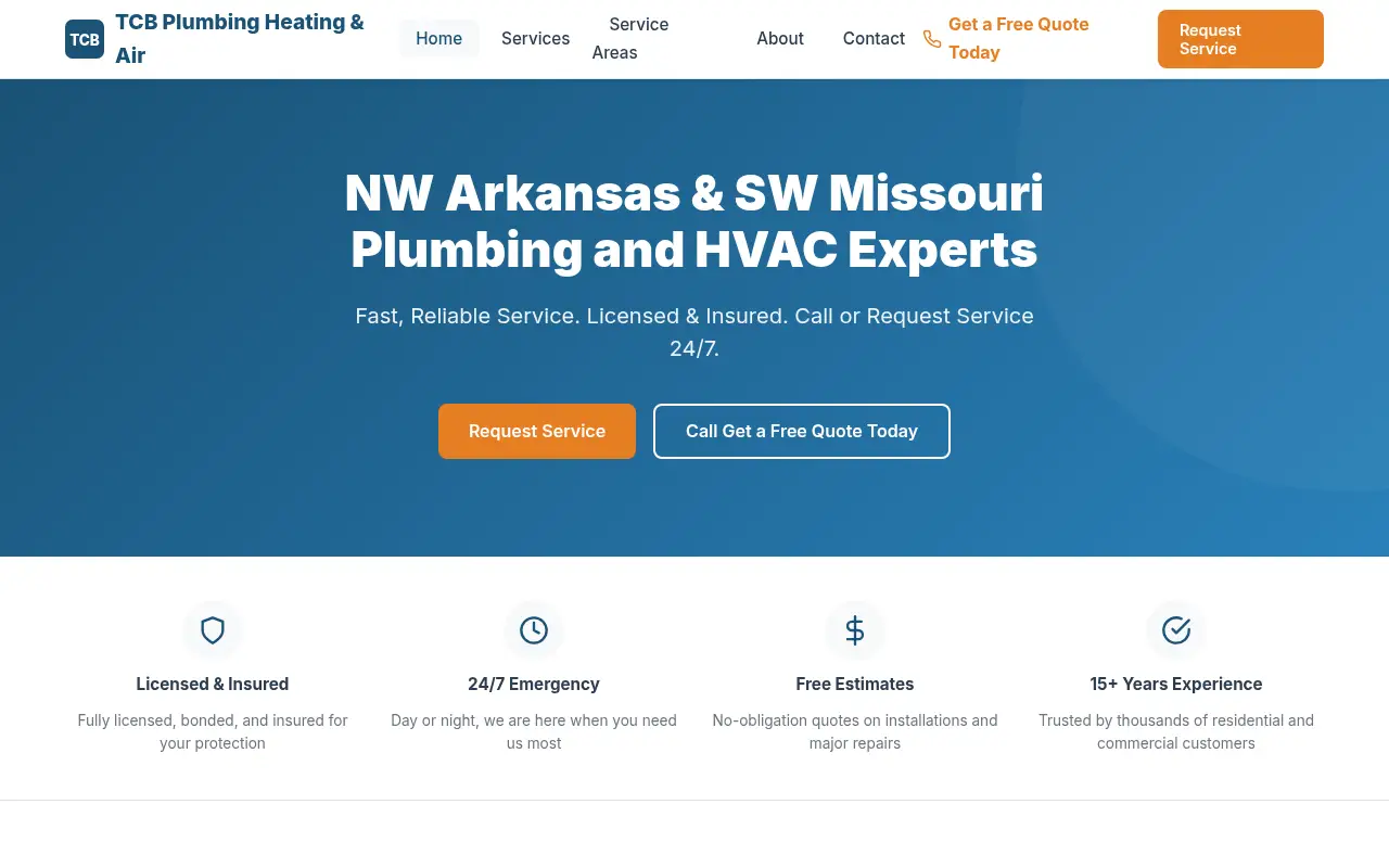 Homepage screenshot of TCB Plumbing Heating & Air | NW Arkansas & SW Missouri Plumbing and HVAC, Construction & Trades site