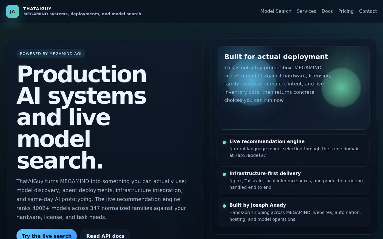 Homepage screenshot of ThatAIGuy | MEGAMIND AI Systems and Model Search, Demos & Portfolio site
