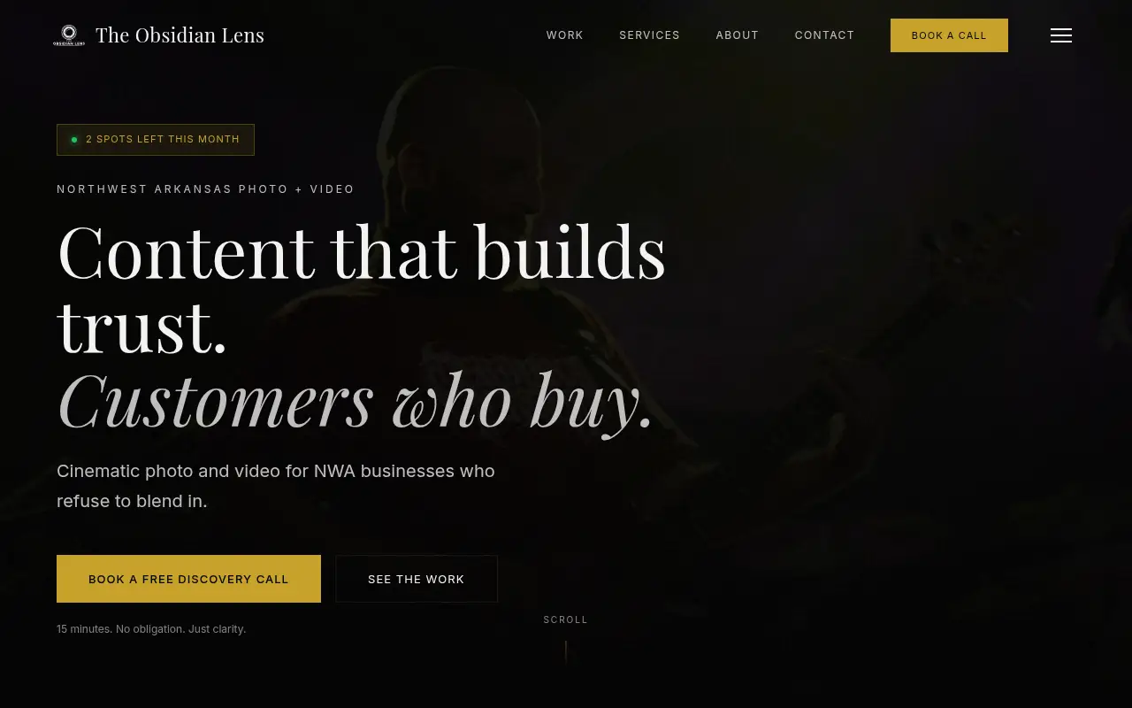 Homepage screenshot of The Obsidian Lens | Northwest Arkansas Photo + Video, Demos & Portfolio site